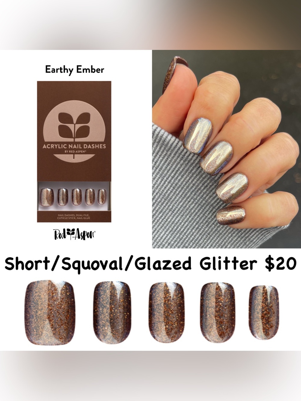 Red Aspen Earthy Ember Press-On Nails - Glazed Glitter Brown Set